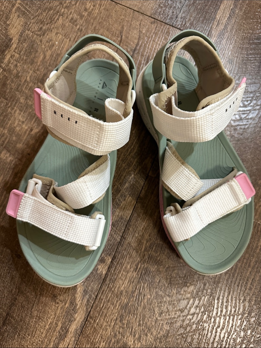 Reef White Strap Sandals with Sage Green Footbed and Pink Tabs